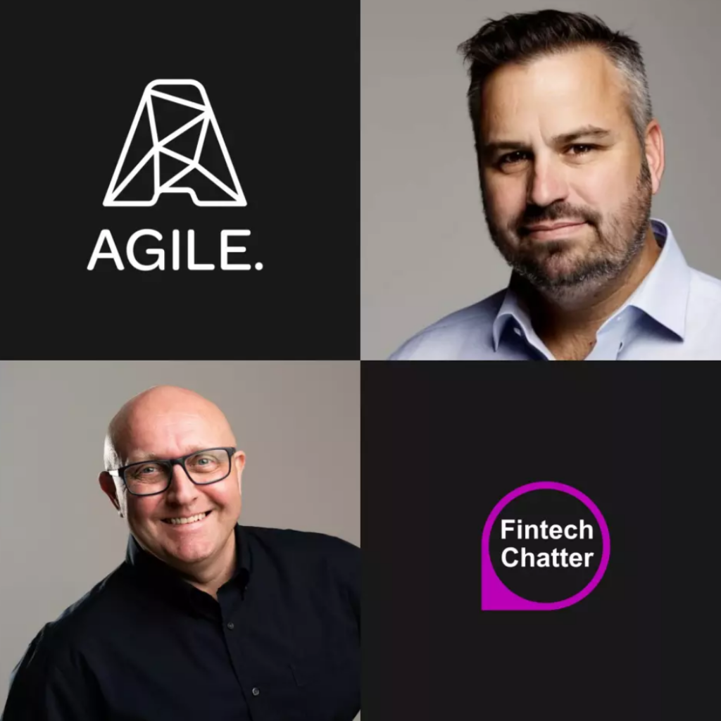 On the left is the logo of AGILE Underwriting, representing innovation in the insurtech industry. On the right is a headshot of Ben Webster, co-founder of AGILE Underwriting, showcasing his visionary leadership. Alongside is the Fintech Chatter Podcast logo, symbolizing insightful conversations. On the right is a headshot of Dexter Cousins, the podcast host, emanating expertise and enthusiasm. The image captures the essence of the podcast episode, fusing expertise, innovation, and insightful dialogue.