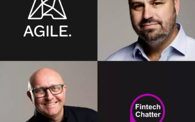 On the left is the logo of AGILE Underwriting, representing innovation in the insurtech industry. On the right is a headshot of Ben Webster, co-founder of AGILE Underwriting, showcasing his visionary leadership. Alongside is the Fintech Chatter Podcast logo, symbolizing insightful conversations. On the right is a headshot of Dexter Cousins, the podcast host, emanating expertise and enthusiasm. The image captures the essence of the podcast episode, fusing expertise, innovation, and insightful dialogue.